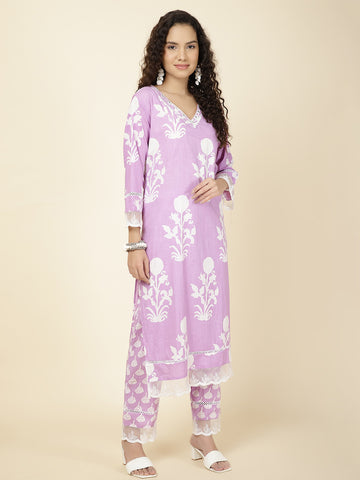 Floral Printed Cotton Kurta With Pants & Dupatta