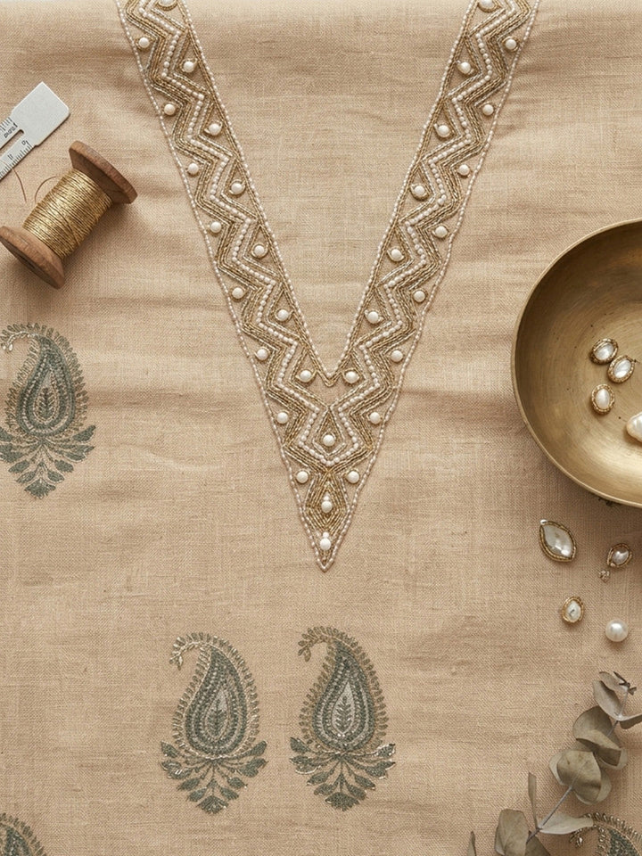 Embroidered Linen Blend Unstitched Suit With Pant &amp; Dupatta