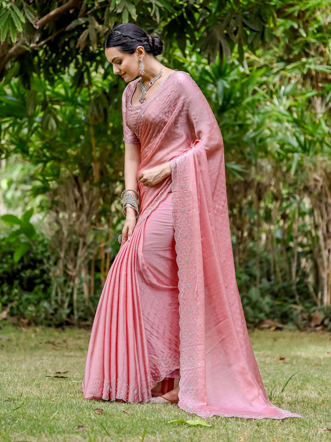 Cutdana Embroidered Chinon Saree