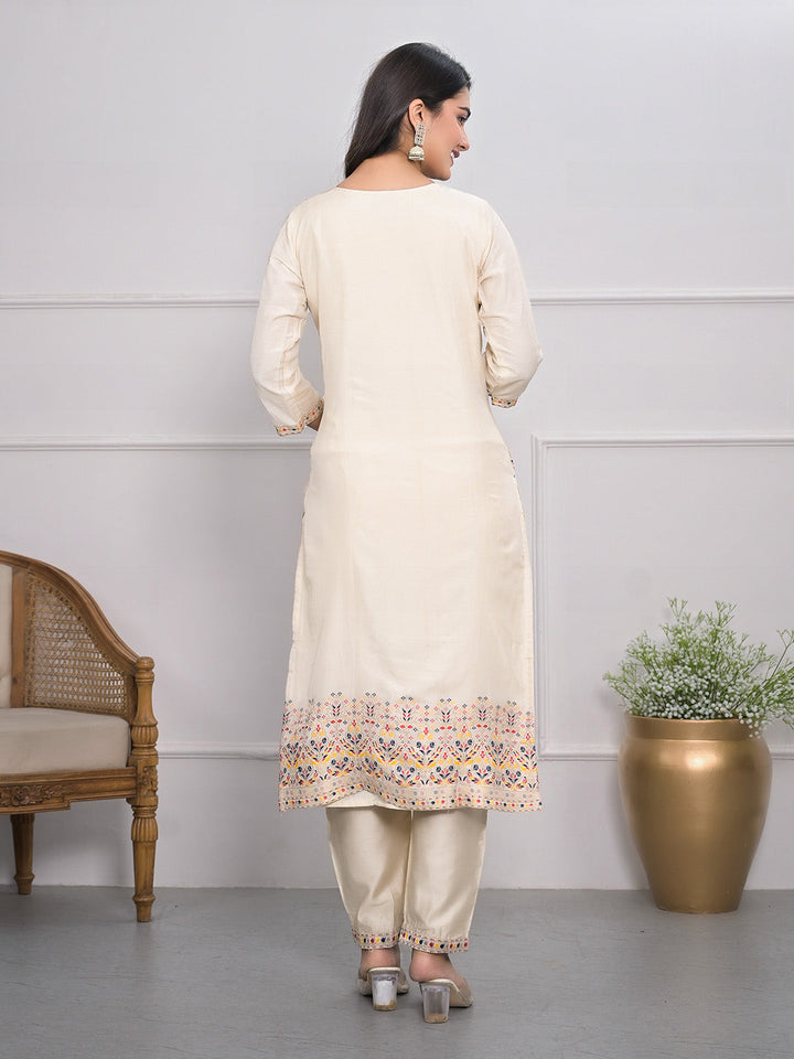 Embroidered Chanderi Kurta With Pants &amp; Dupatta