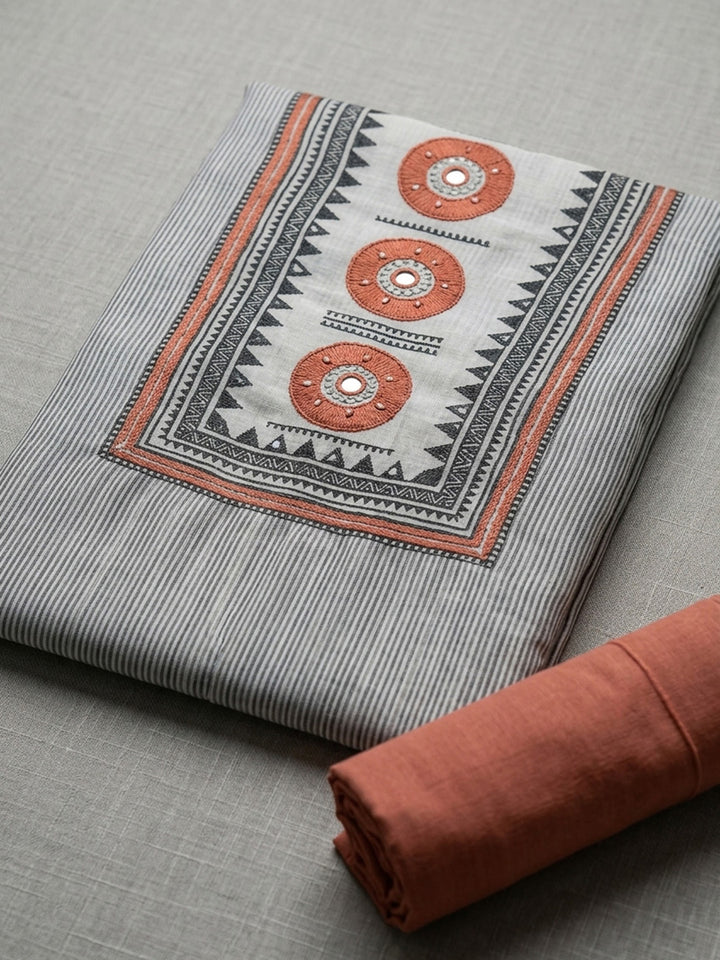 Embroidered Linen Blend Unstitched Suit With Pant &amp; Dupatta
