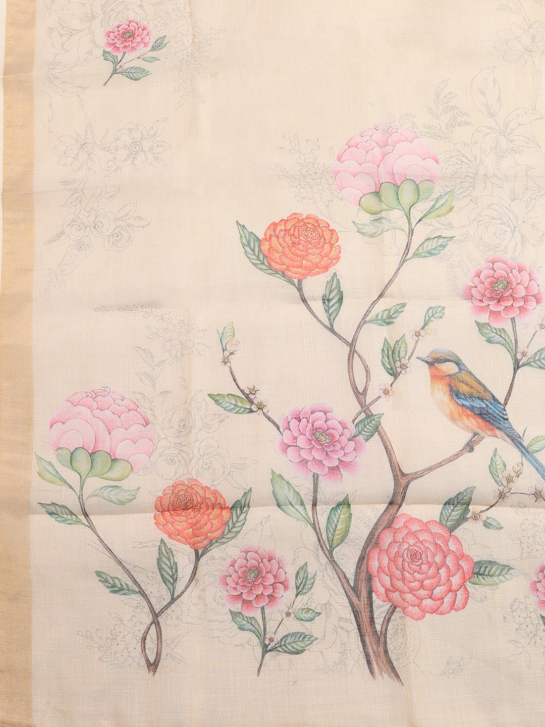 Printed Linen Blend Unstitched Suit With Pant &amp; Dupatta