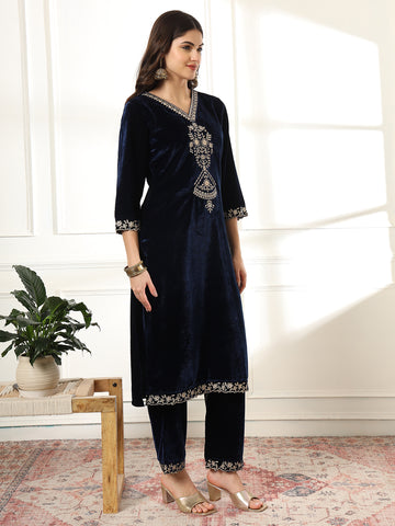 Zari Neck Embroidered Velvet Kurta With Pants & Dupatta