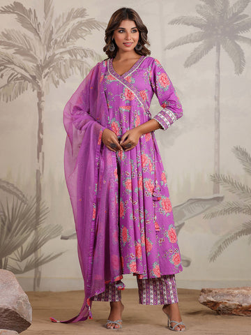 Floral Printed Cotton Blend Kurta With Pants & Dupatta