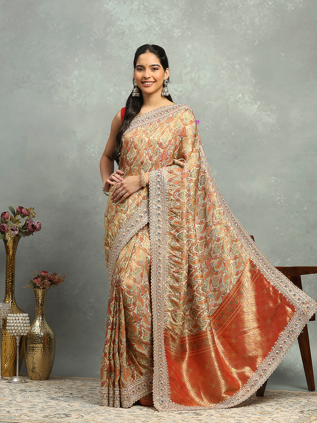 Printed &amp; Border Embroidered Crepe Saree