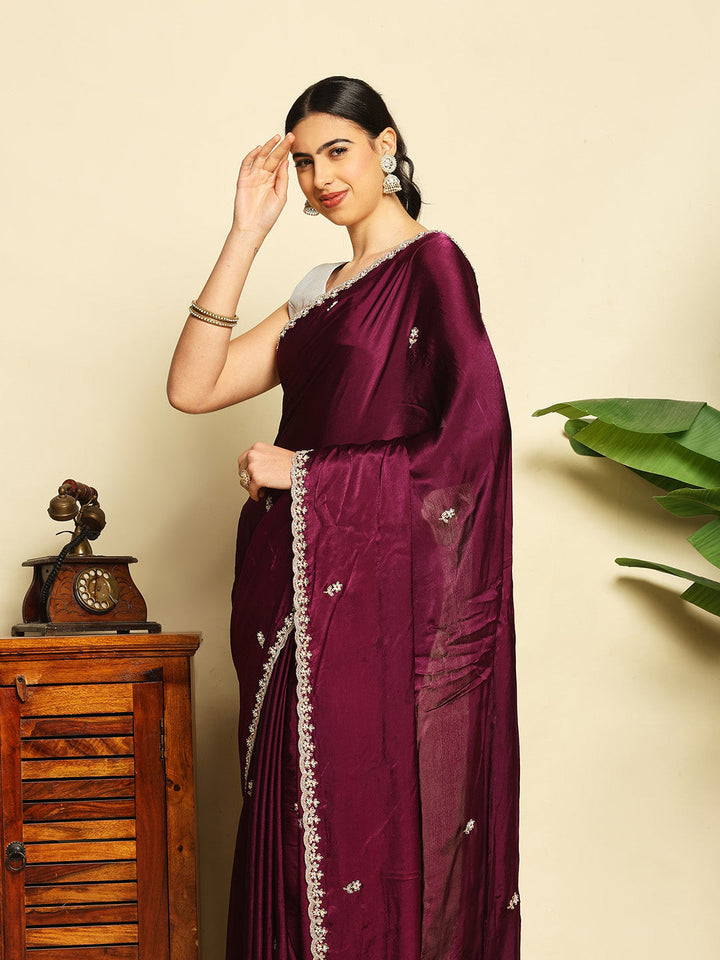 Thread Embroidered Chinnon Saree
