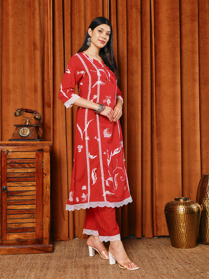 Printed Cotton Blend Kurta With Pants &amp; Dupatta