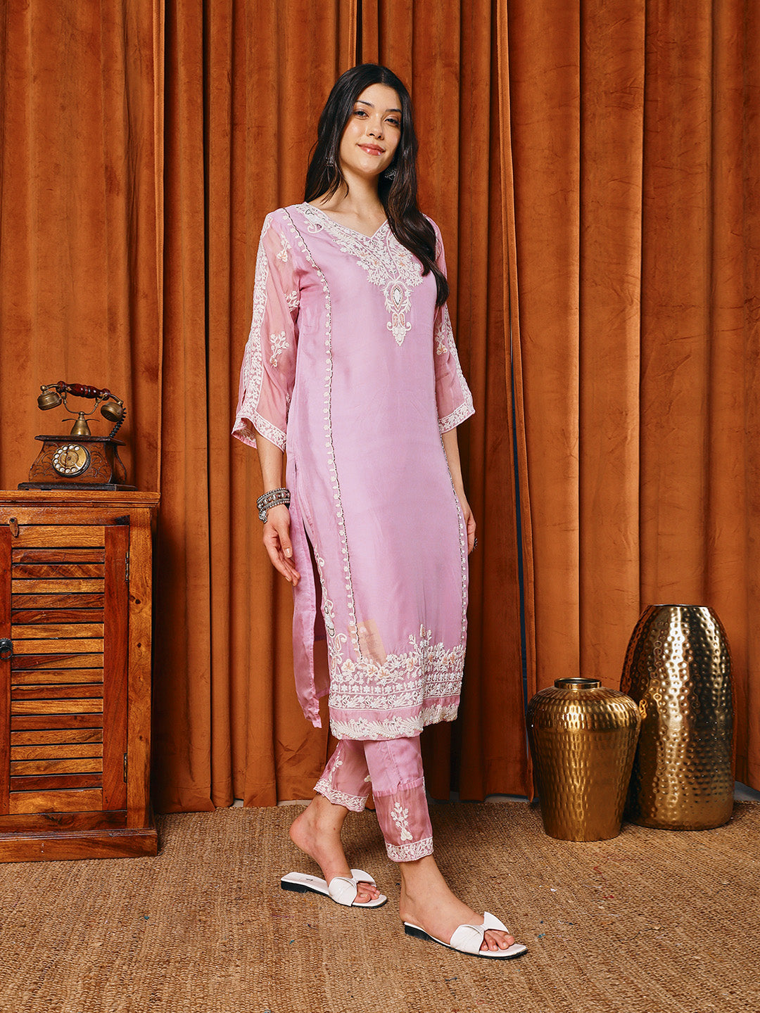 Resham Work Organza Kurta With Pants &amp; Dupatta