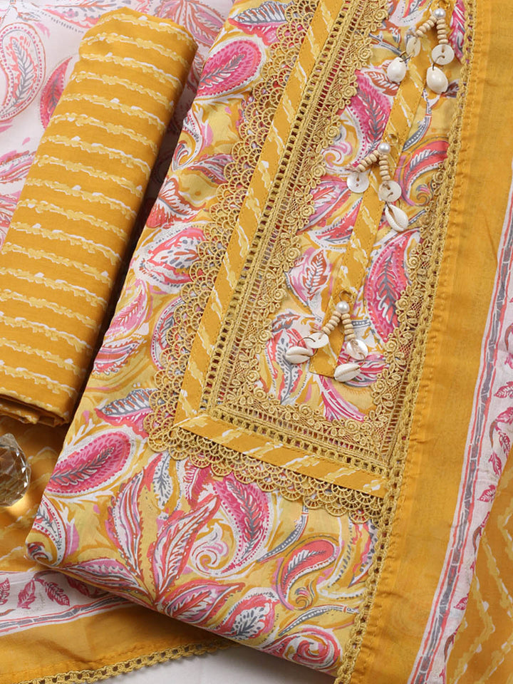 Embroidered Cotton Blend Unstitched Suit With Pant &amp; Dupatta