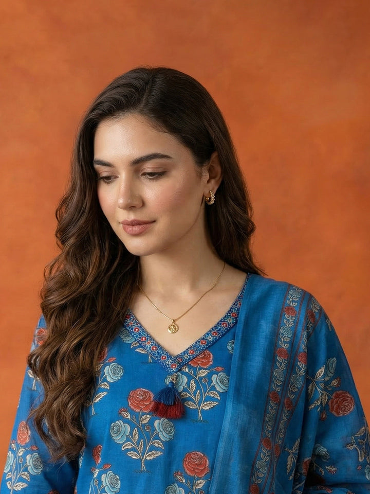 Printed Cotton Blend Kurta With Pant &amp; Dupatta