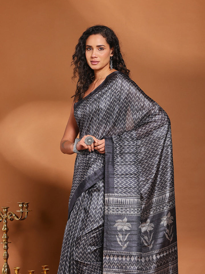 Printed Tussar Silk Saree