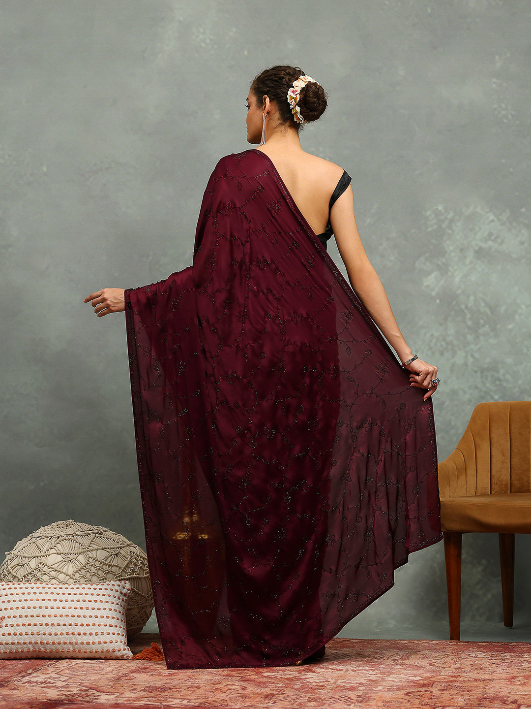 Stone Embroidered Satin Saree