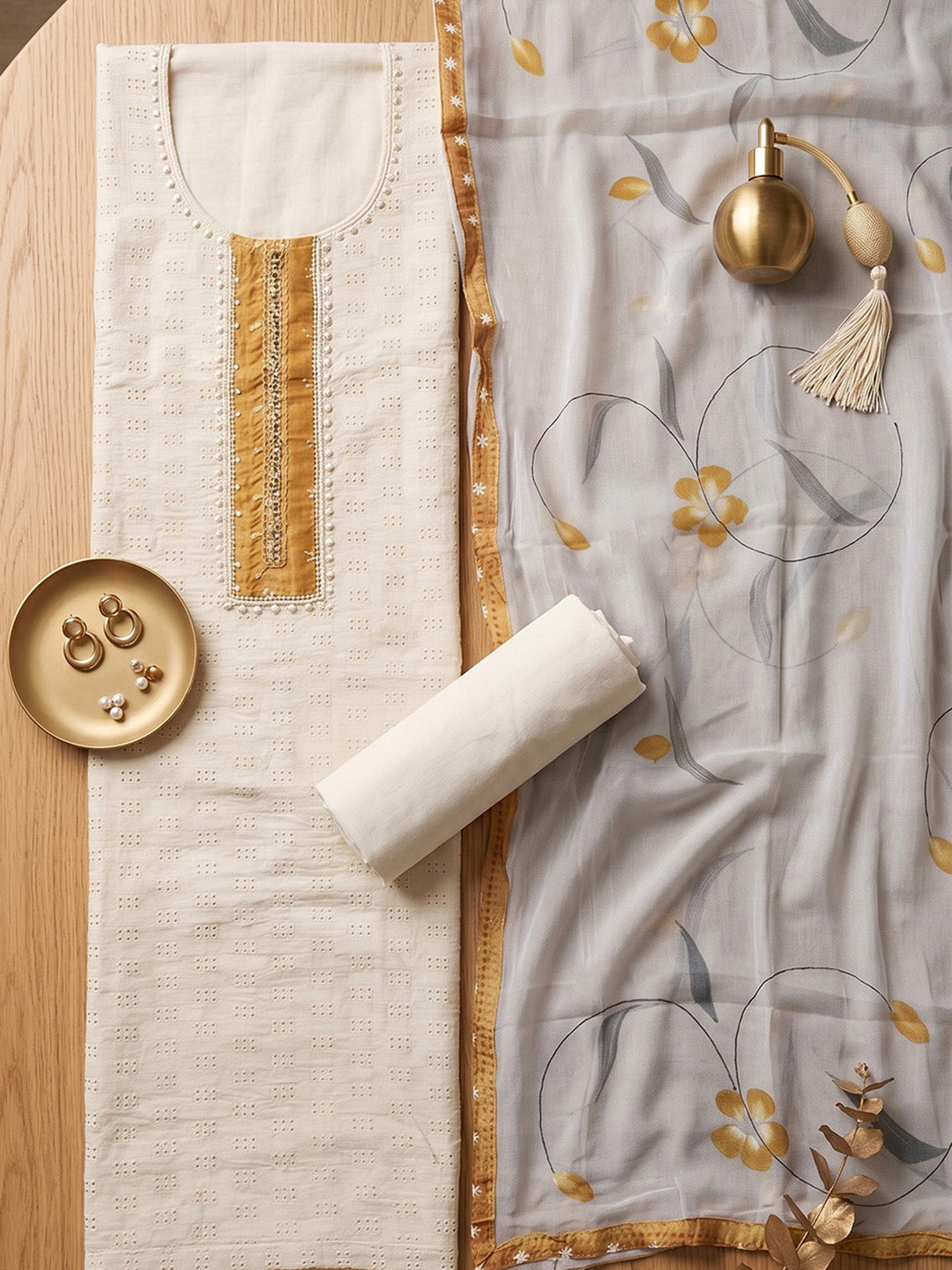 Neck Embroidered Cotton Blend Unstitched Suit With Dupatta