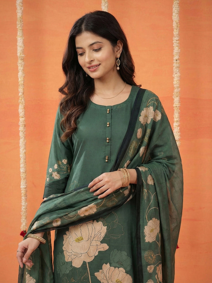 Printed Cotton Blend Kurta With Pant &amp; Dupatta