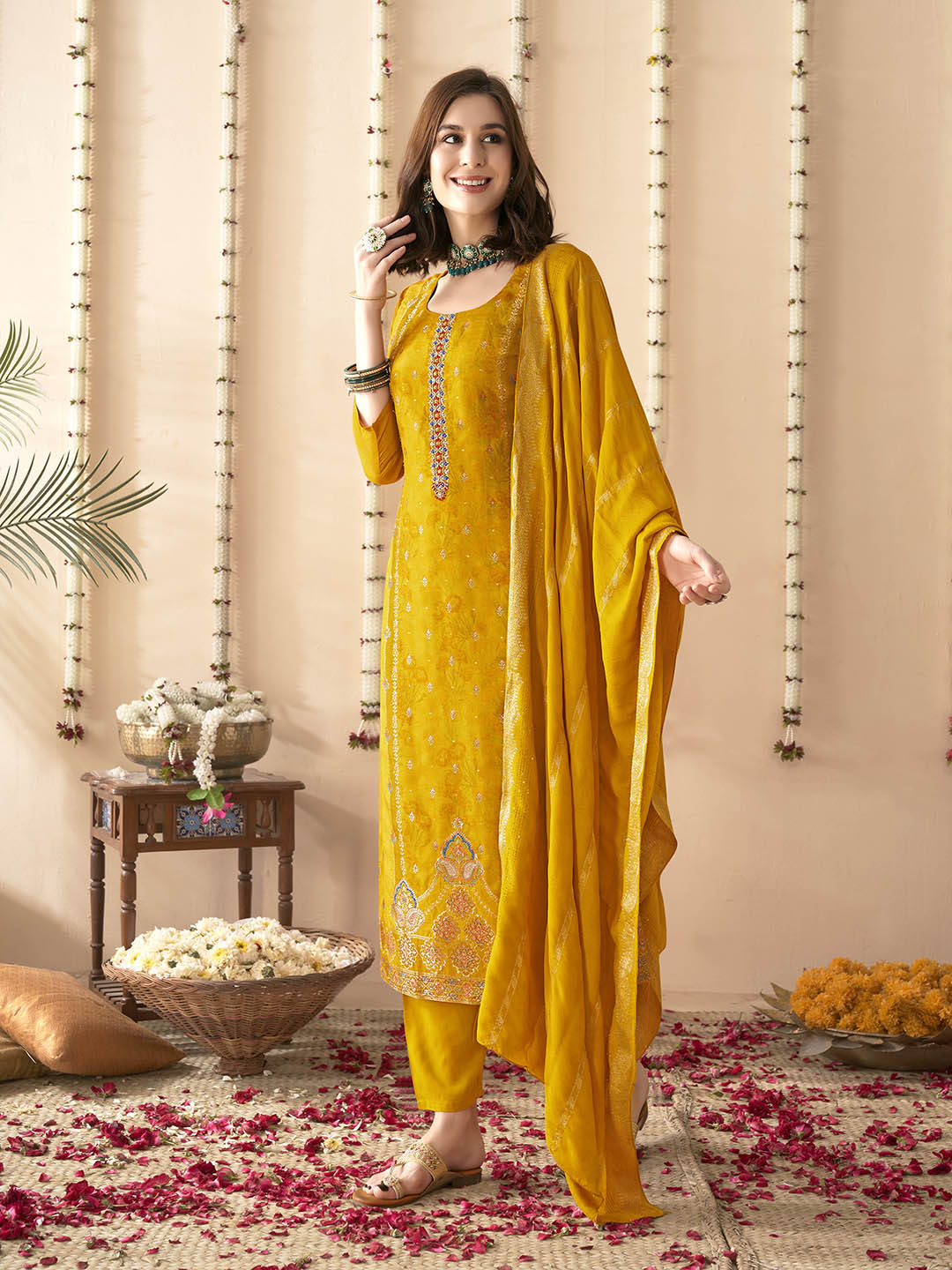 Embroidered Silk Kurta With Pant &amp; Dupatta