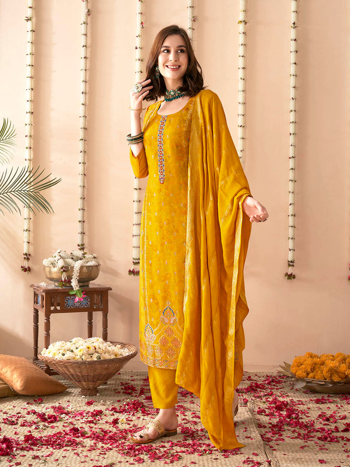 Embroidered Silk Kurta With Pant &amp; Dupatta