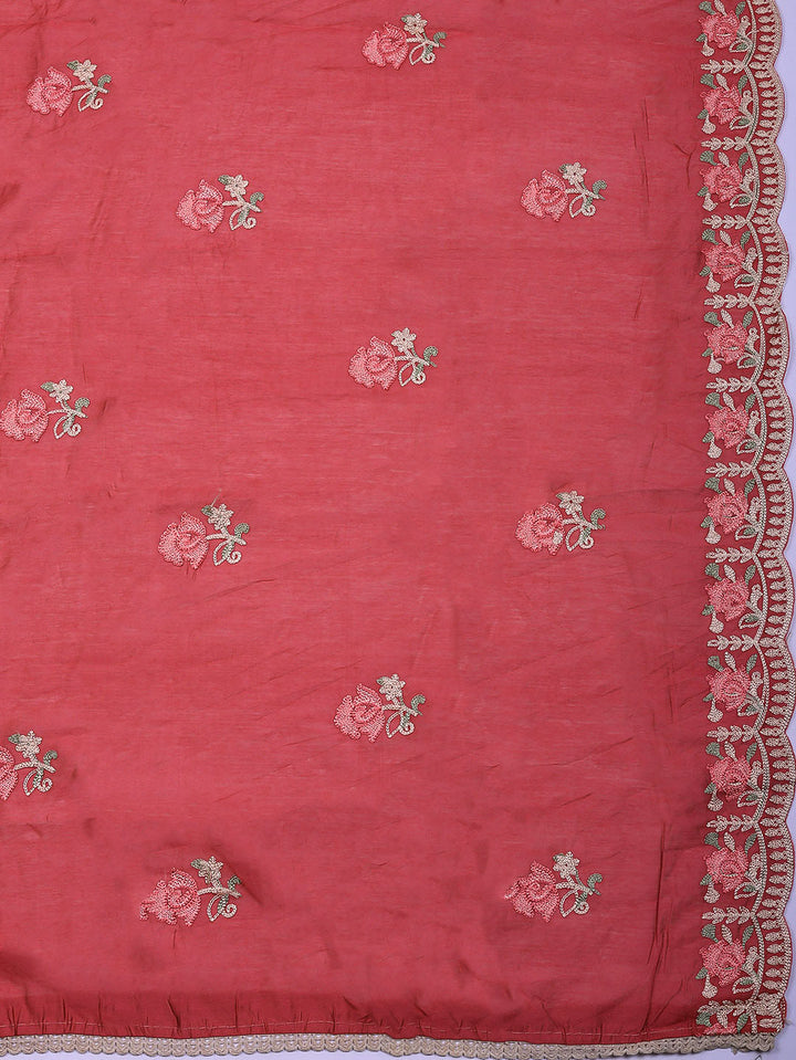 Embroidered Chanderi Unstitched Suit With Pant &amp; Dupatta
