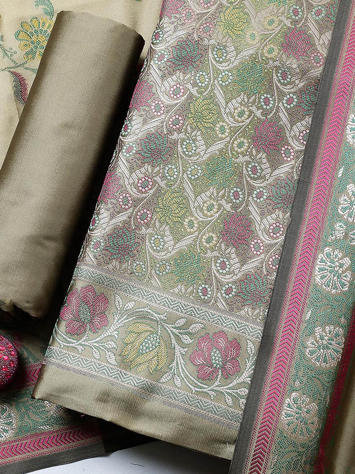 Woven Design Chanderi Unstitched Suit With Pant &amp; Dupatta