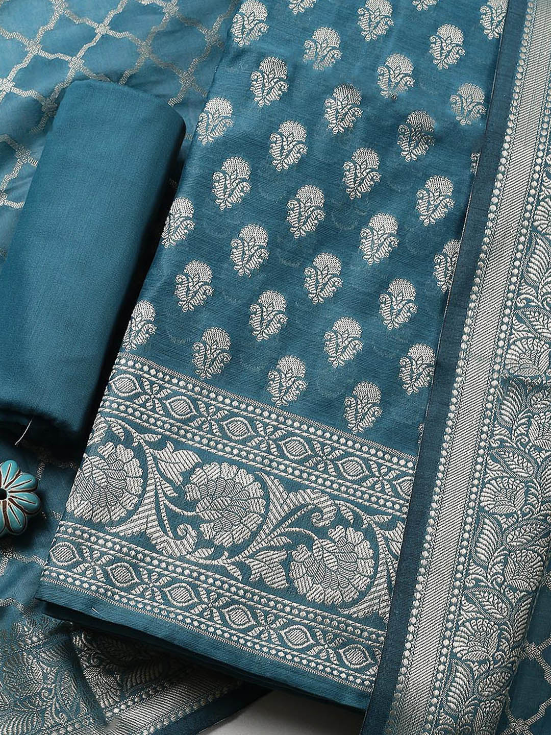 Banarasi Chanderi Unstitched Suit With Pant &amp; Dupatta