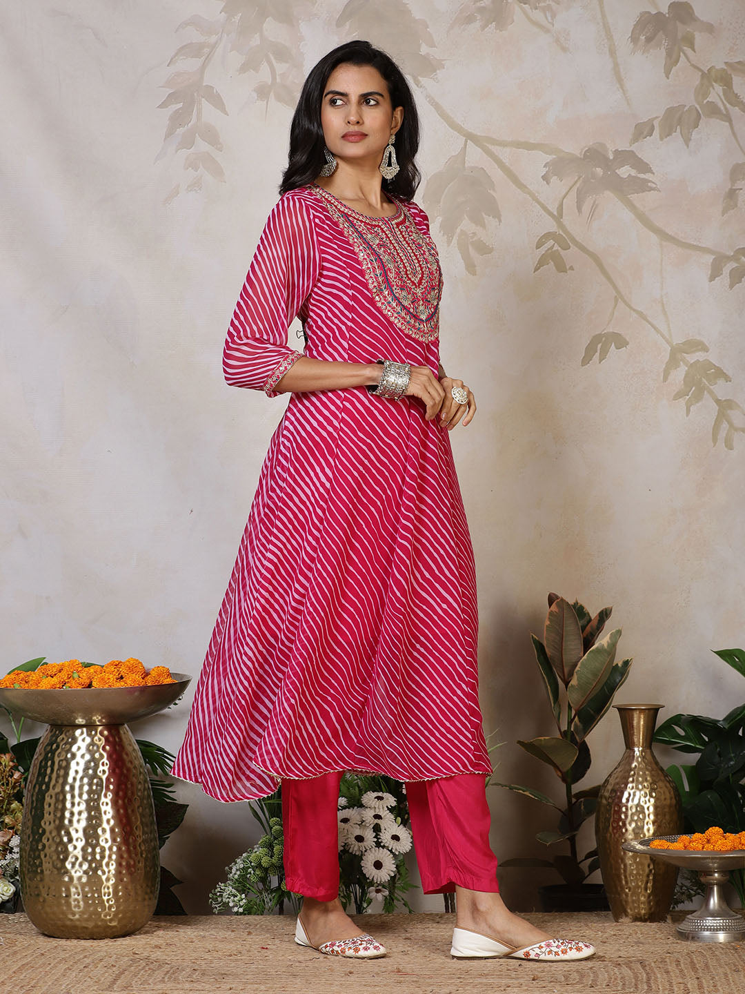 Embroidered Georgette Kurta With Pants &amp; Dupatta