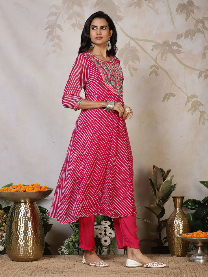 Embroidered Georgette Kurta With Pants &amp; Dupatta