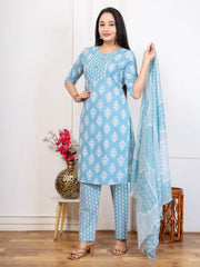 Embroidered Cotton Blend Kurta With Pant & Dupatta