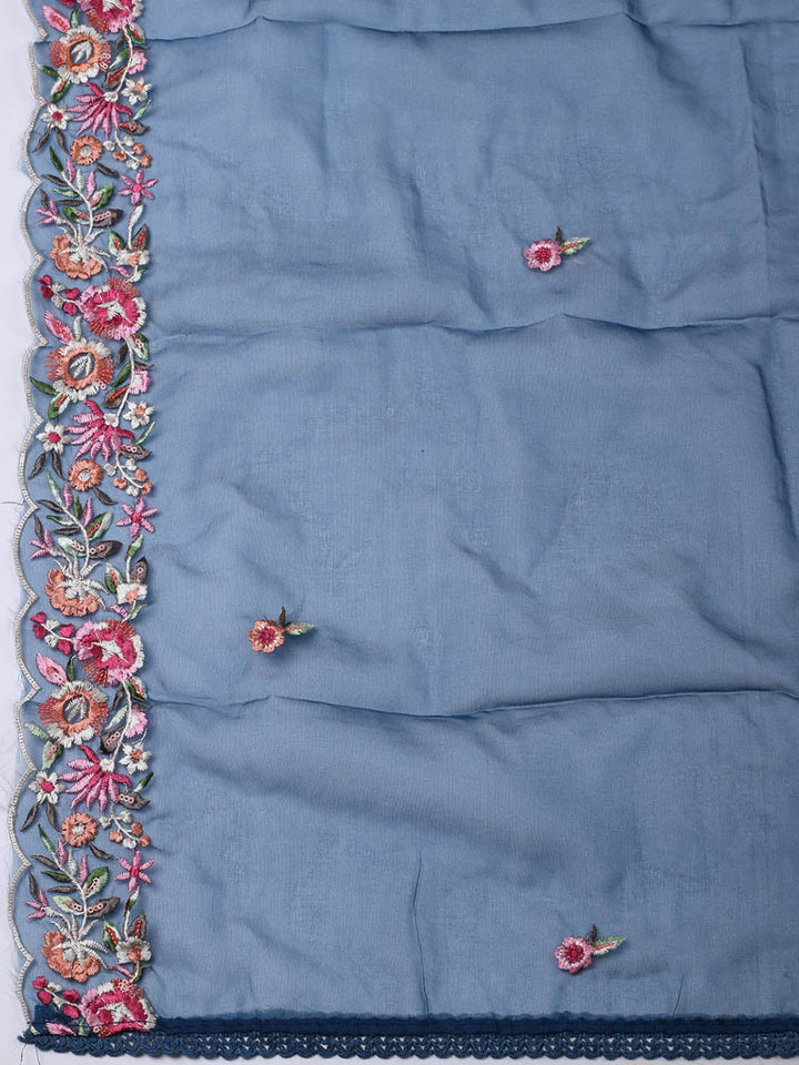 Embroidered Chanderi Unstitched Suit With Pant &amp; Dupatta