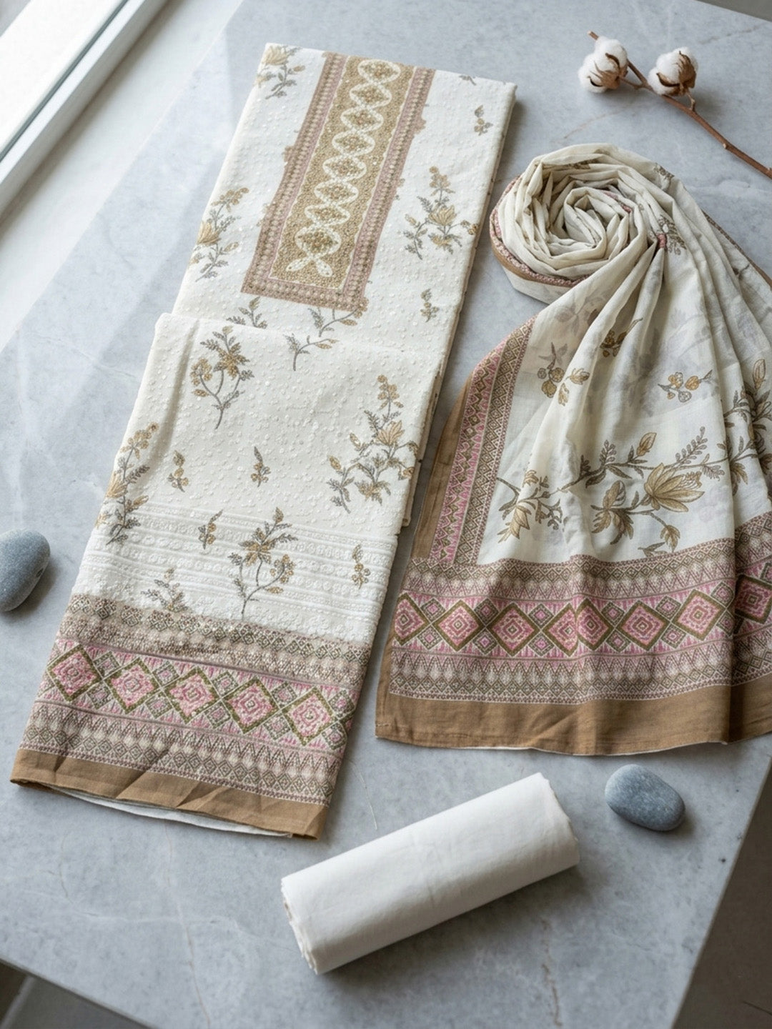 Printed Cotton Blend Unstitched Suit With Pant &amp; Dupatta
