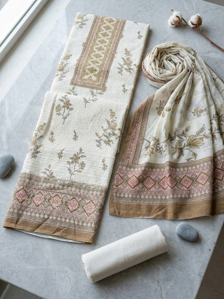 Printed Cotton Blend Unstitched Suit With Pant &amp; Dupatta