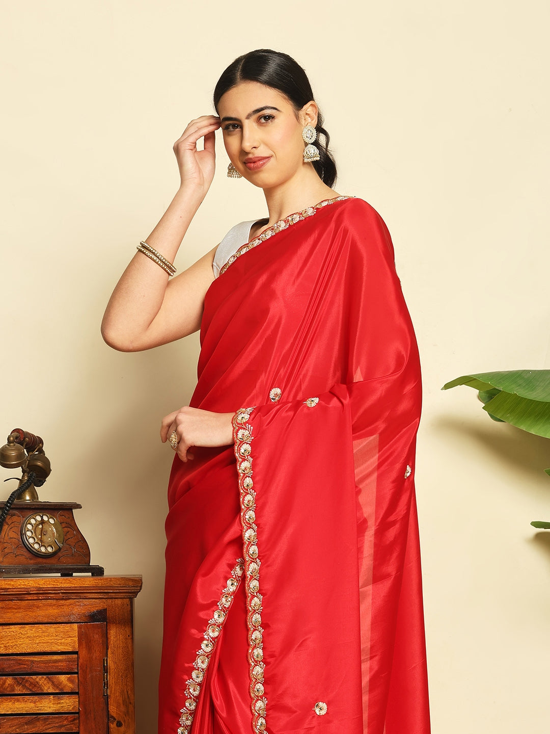 Sequin &amp; Cut Work Embroidered Crepe Saree