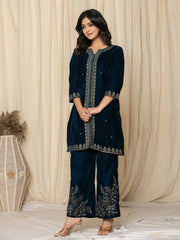 Zari Neck Embroidered Velvet Kurta With Pants