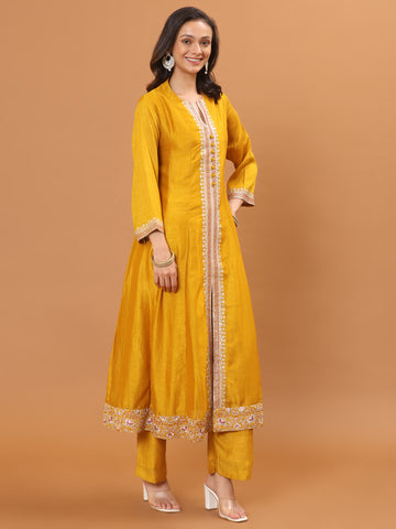 Resham & Zari Embroidery Dupion Kurta With Pants & Dupatta