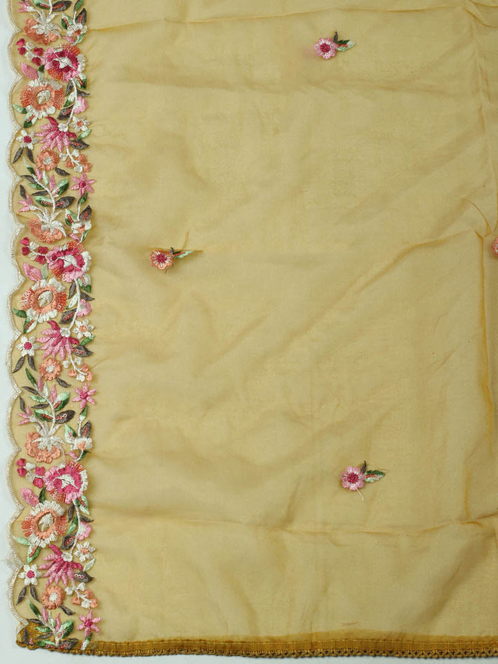 Embroidered Chanderi Unstitched Suit With Pant &amp; Dupatta