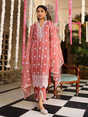 Embroidered Organza Kurta With Pants & Dupatta