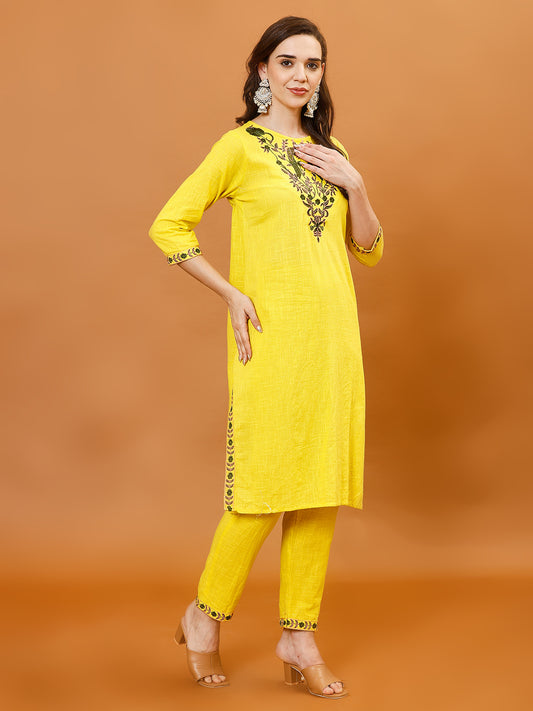 Neck Embroidery Cotton Kurta With Pants & Dupatta