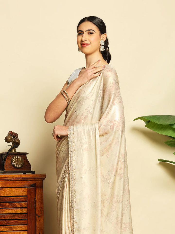 Floral Printed &amp; Embellished Work Tissue Saree