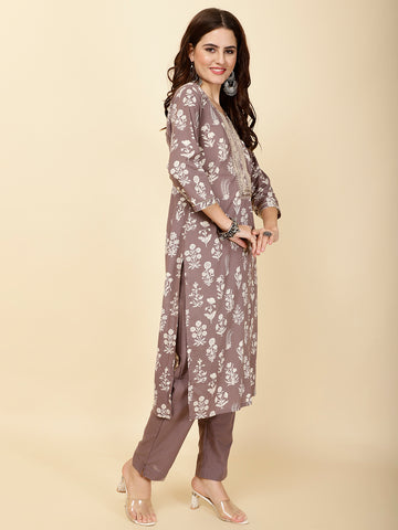 Neck Embroidery & Printed Cotton Kurta Set