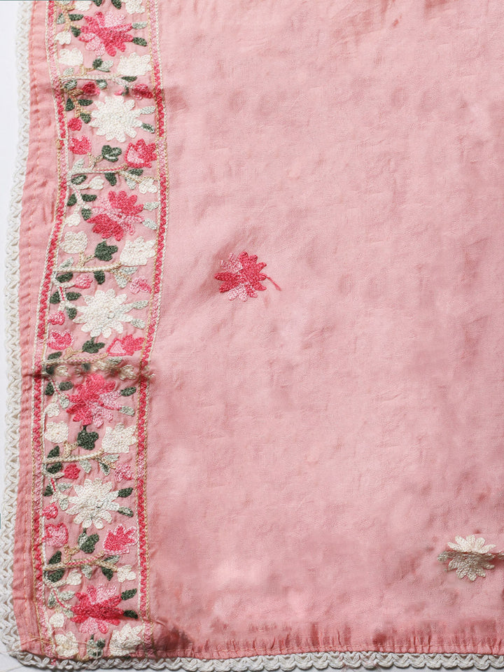 Embroidered Chanderi Unstitched Suit With Pant &amp; Dupatta