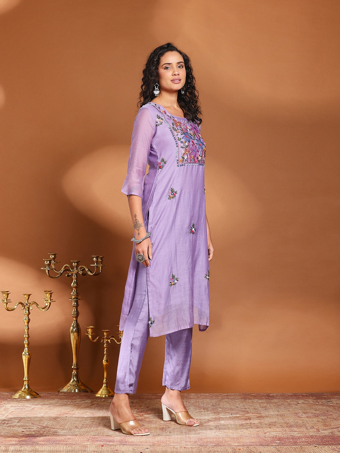Embroidered Cotton Blend Kurta With Pant &amp; Dupatta