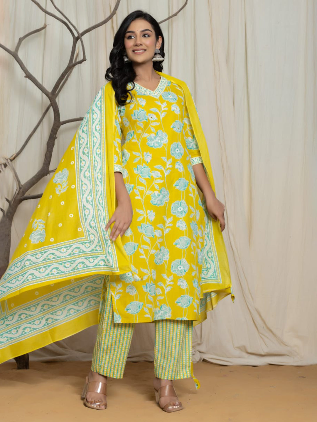 Yellow Embroidered Cotton Blend Straight Suit Set With Dupatta