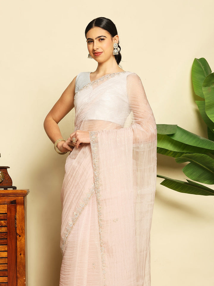 Stone &amp; Sequin Embellished Tissue Saree