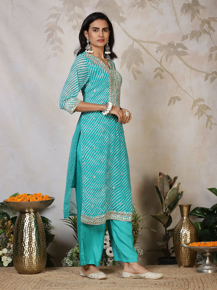 Embroidered Georgette Kurta With Pants &amp; Dupatta