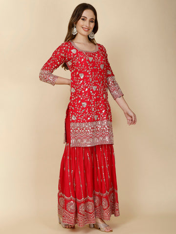 All Over Sequin Embroidery Crepe Suit Set With Garara & Dupatta