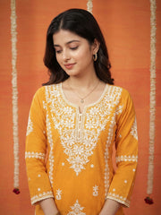 Embroidered Cotton Blend Kurta With Pant & Dupatta