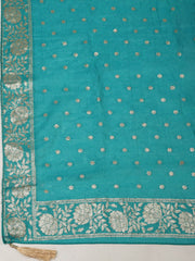 Embroidered Chanderi Cream-Lake Blue Unstitched Suit With Pant & Dupatta