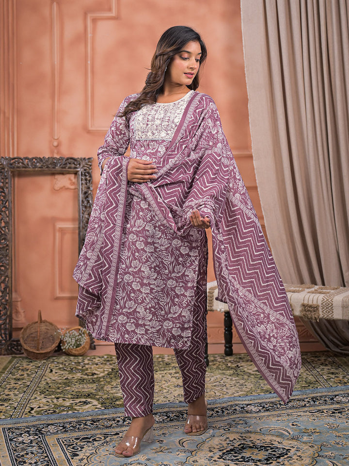Printed Cotton Kurta With Pant &amp; Dupatta