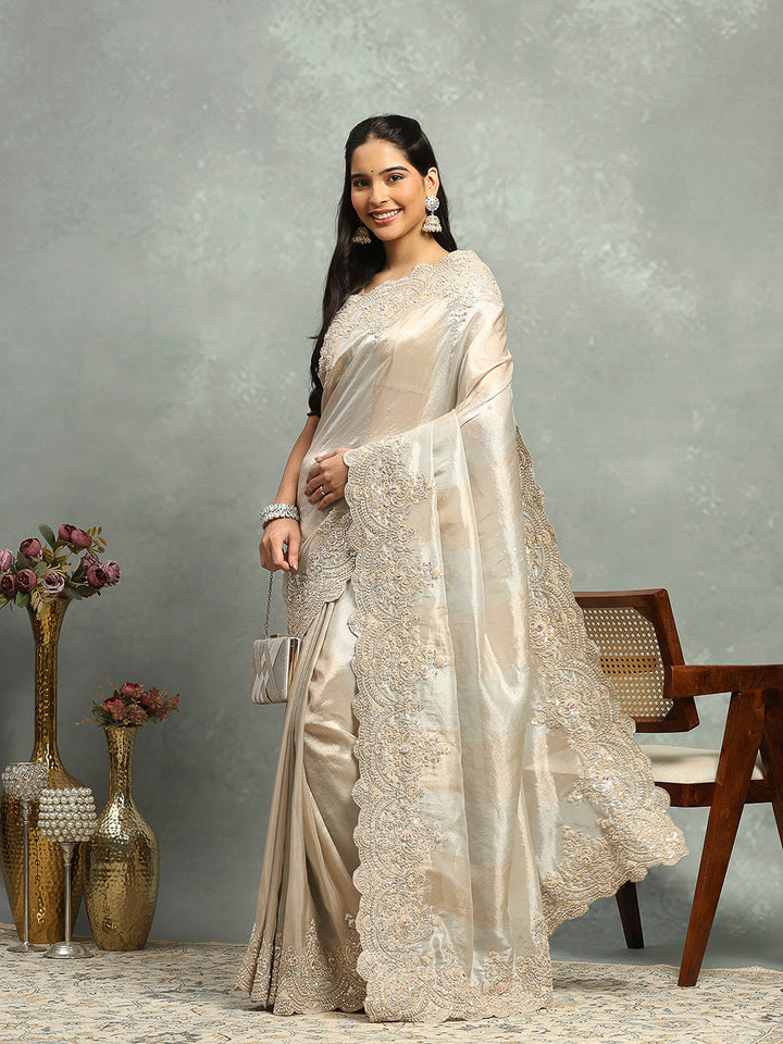 Zari Jaal &amp; Sequin Embroidered Tissue Saree