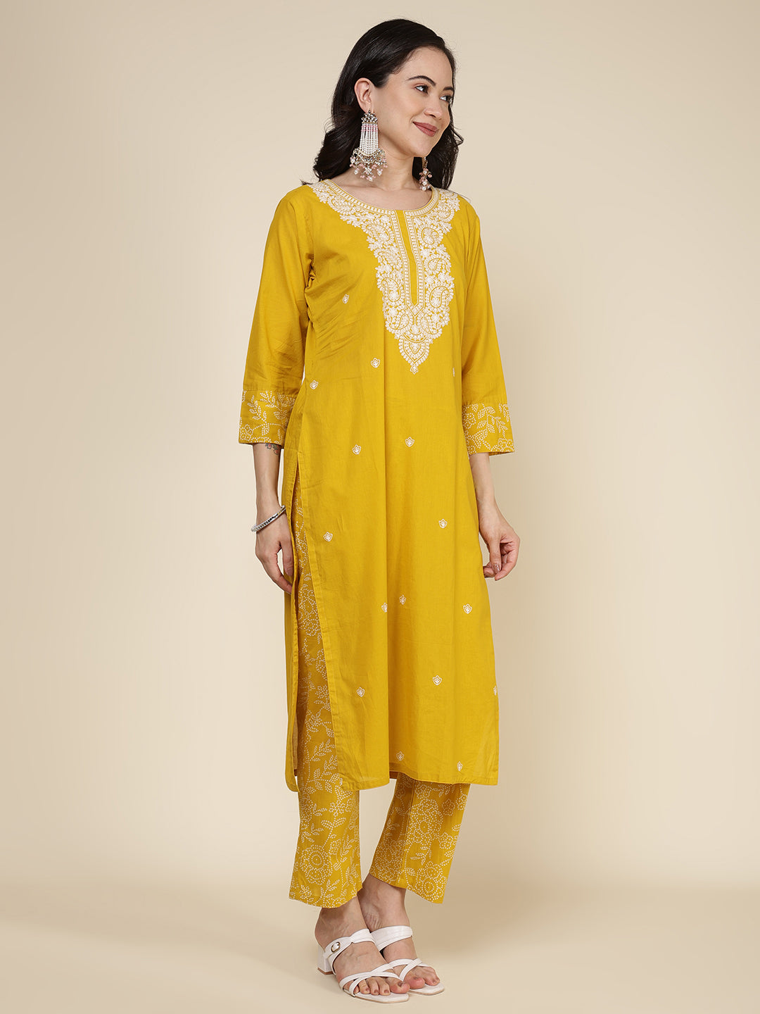 Embroidered Cotton Blend Kurta With Pants & Dupatta