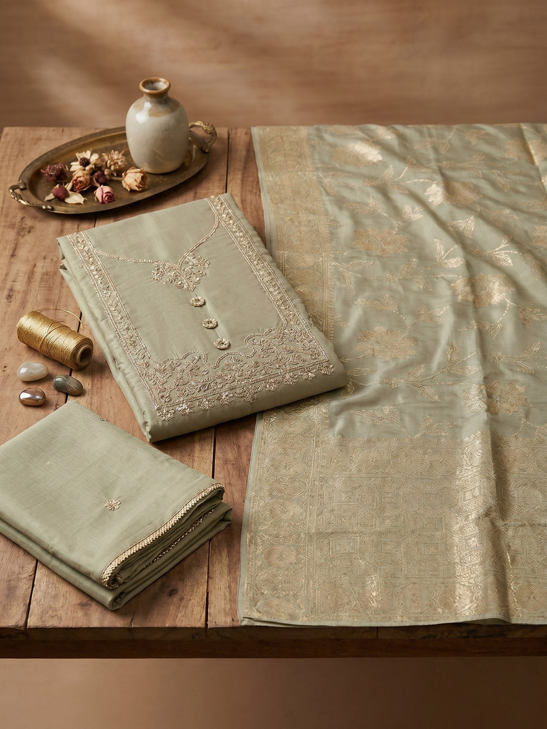 Neck Embroidered Cotton Blend Unstitched Suit With Dupatta