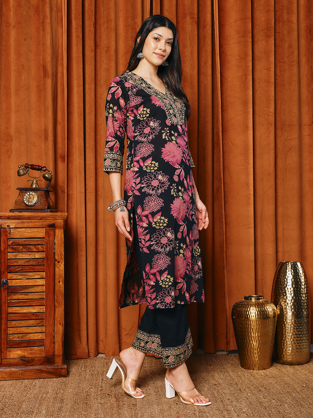 Printed Cotton Blend Kurta With Pants &amp; Dupatta